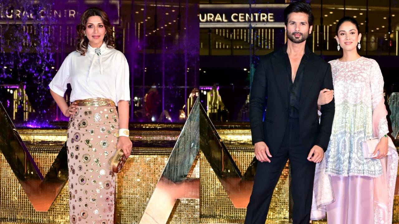 Sonali Bendre ઇન્ડો-વેસ્ટર્ન આઉટફિટમાં ગ્લેમરસ લાગી રહી હતી. Shahid Kapoor અને તેમની પત્ની Mira Rajput કપલ ગોલ્સ આપતા જોવા મળ્યા.