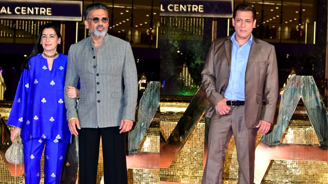 Suniel Shetty પોતાની પત્ની સાથે સ્વેગમાં જોવા મળ્યા, જ્યારે Salman Khan ક્લીન-શેવન લુકમાં હંમેશાની જેમ ડૅશિંગ લાગ્યા.