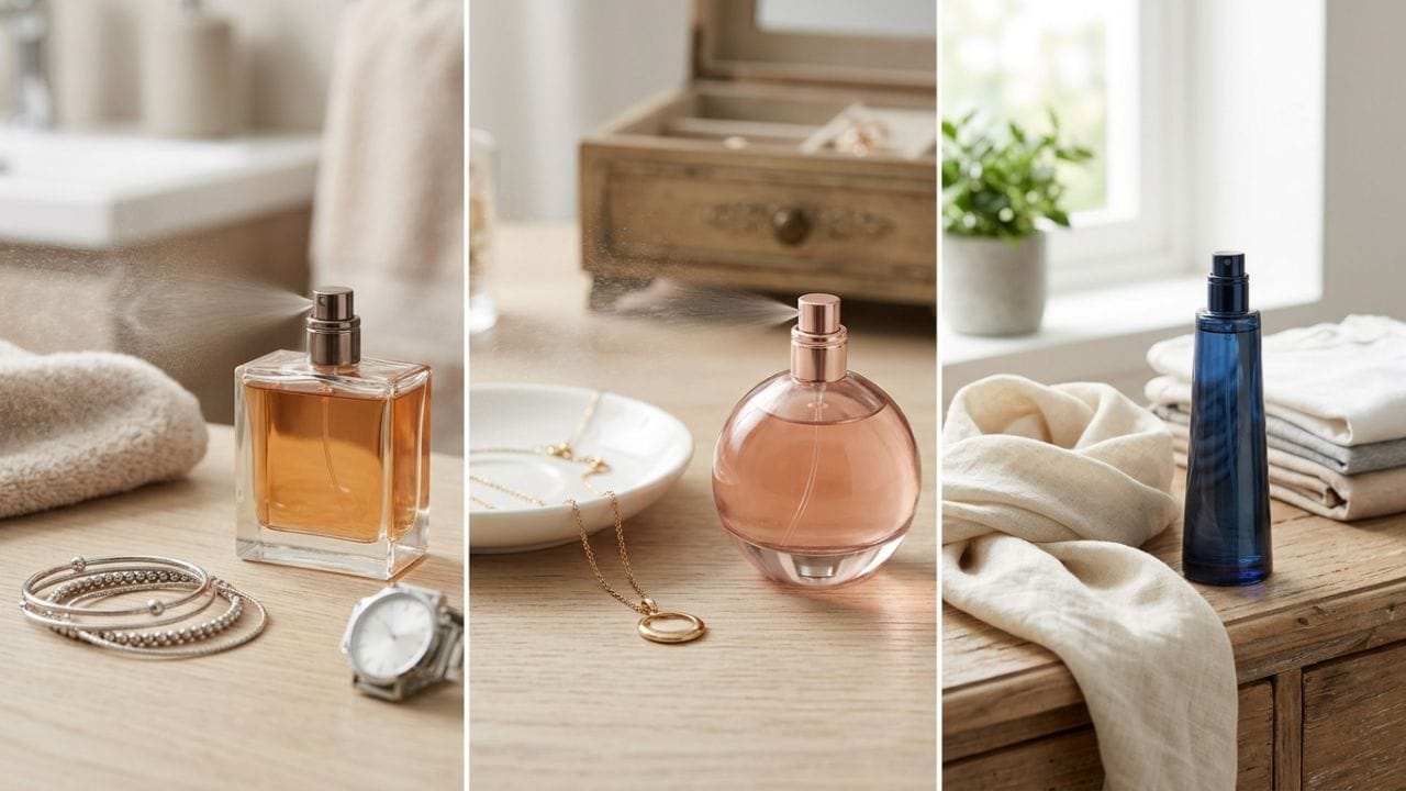 પરફ્યુમ લગાવવાની સાચી રીત જાણવી ખૂબ જરૂરી છે. સૌથી અસરકારક જગ્યા કાનની પાછળનો ભાગ છે, કારણ કે ત્યાંની ત્વચા પાતળી હોય છે અને ગરમાવો રહે છે, જેના કારણે સુગંધ ચહેરા તેમજ વાળની આસપાસ જળવાઈ રહે છે. 