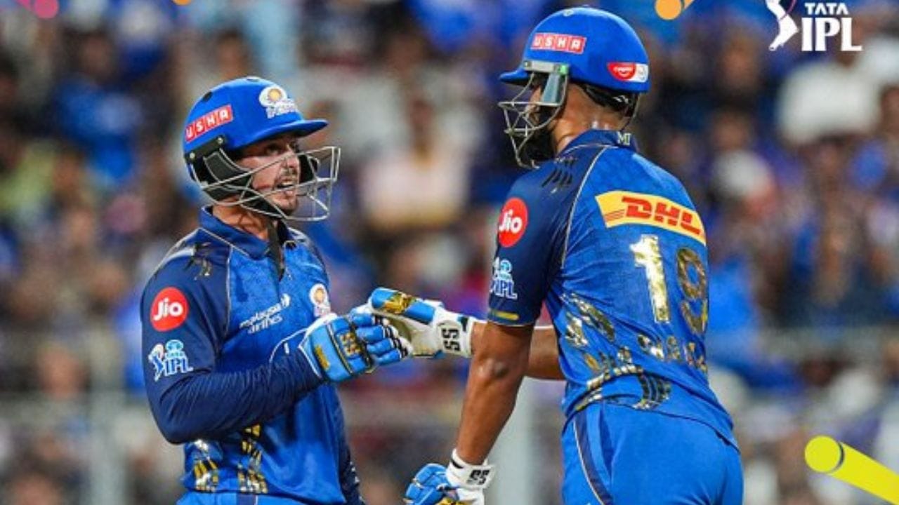 મુંબઈ મુશ્કેલીમાં હતું, પરંતુ ડી કોક ટકી રહ્યો, તેને નમન ધીરનો સાથ મળ્યો. નમન ધીર અને ડી કોક વચ્ચે સદીની ભાગીદારી થઈ. તેમણે 68 બોલમાં 122 રન ઉમેર્યા. આ ભાગીદારીથી મુંબઈનો સ્કોર 20 ઓવરમાં 195 રન સુધી પહોંચવામાં મદદ મળી, જેમાં નમન ધીરે 31 બોલમાં 50 રન બનાવ્યા. (PC:X/IPL)