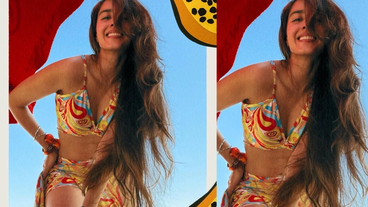 સિમરત શોર્ટ્સ પહેરેલી છે અને મલ્ટીરંગ્ડ પ્રિન્ટેડ બિકીની ટોપ પહેરેલી છે. તેના વાળ છૂટા રાખીને, તે સ્ટાઇલ પર ફોકસ કરી રહી છે.(ફોટો ક્રેડિટ-સિમરત કૌર રંધાવા અકાઉન્ટ)