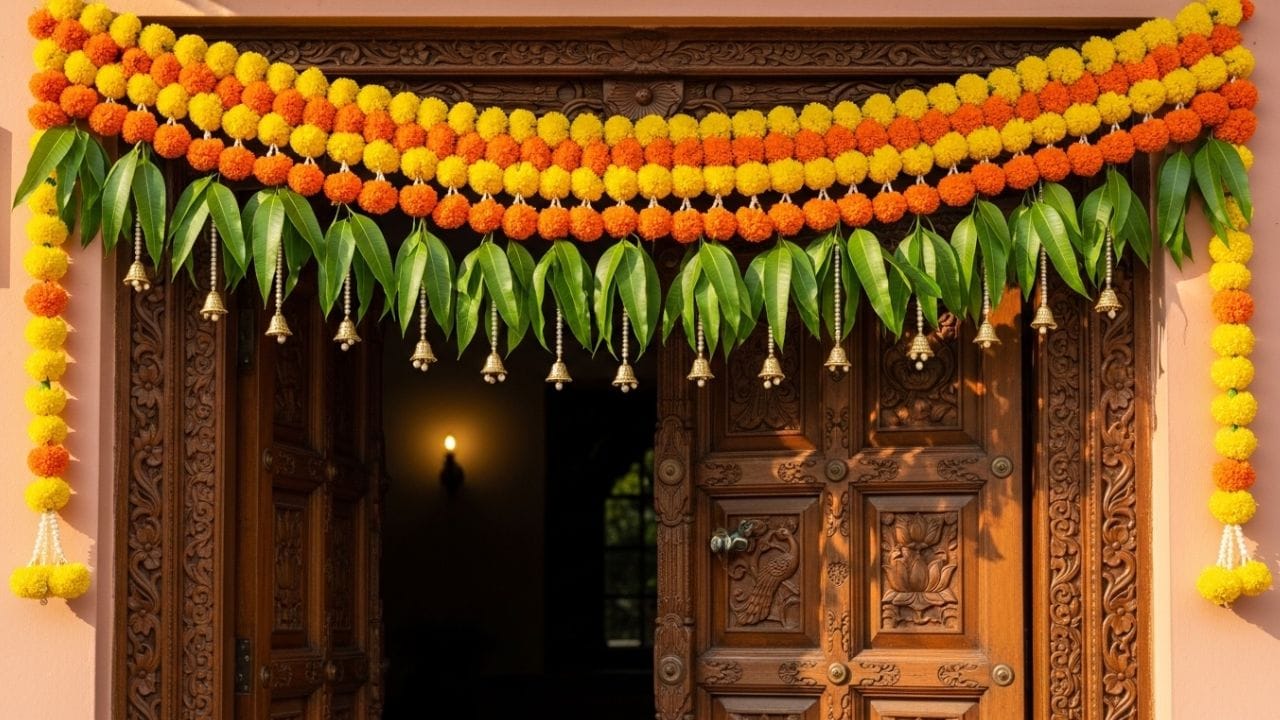 વાસ્તુ શાસ્ત્રની દુનિયામા જ્યારે ઘરના દરેક ખૂણાનું મહત્વ છે, ત્યારે મુખ્ય દરવાજો - અથવા મુખ્ય દ્વારને સૌથી વધુ મહત્વ આપવામાં આવે છે. હકીકતમાં, આ તે જગ્યા છે જેના દ્વારા સકારાત્મક અથવા નકારાત્મક ઉર્જા ઘરમાં પ્રવેશ કરે છે. પરિણામે, વાસ્તુ શાસ્ત્ર આ ક્ષેત્ર માટે ખાસ કરીને વિવિધ ઉપાયો અને માર્ગદર્શિકાઓ દર્શાવે છે. શાસ્ત્રો અનુસાર, મુખ્ય દરવાજો હંમેશા શણગારેલો રાખવો જોઈએ, અને નિયમિત સફાઈ અને જાળવણી જરૂરી છે. ઉપાય તરીકે, મુખ્ય દરવાજા પર તોરણ લગાવવાની માન્યતા છે. (ફોટો ક્રેડિટ-Whisk AI)