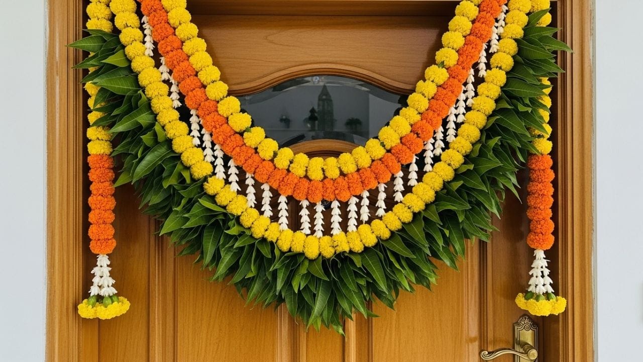 જો તમે તમારા મુખ્ય દરવાજા પર કાપડ, માળા અથવા પ્લાસ્ટિકથી બનેલા કૃત્રિમ તોરણ લટકાવવાનું પસંદ કરો છો, તો આ માટે પણ ચોક્કસ નિયમો લાગુ પડે છે. તમારે તેને સમયાંતરે સાફ કરવું આવશ્યક છે. (ફોટો ક્રેડિટ-Whisk AI)
