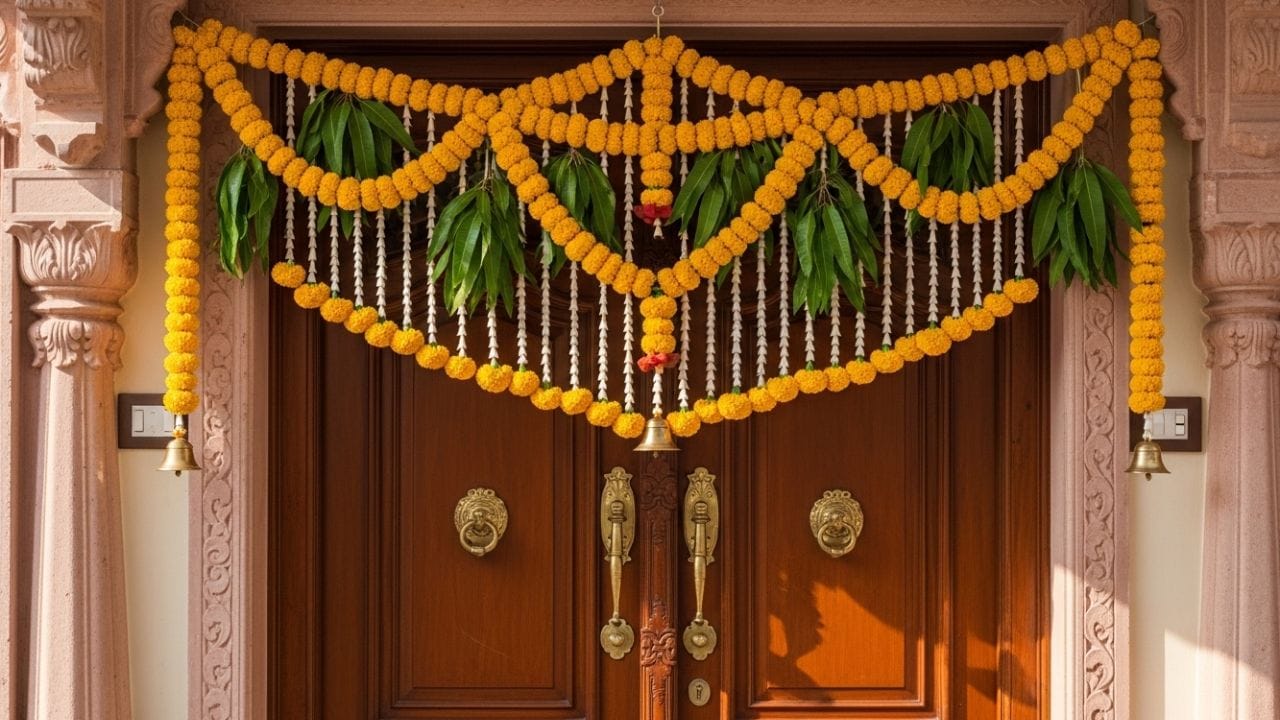લોકો સામાન્ય રીતે તેમના ઘરે આશોપાલવ કે આંબાના પાનના પાંદડાથી બનેલા તોરણ લટકાવે છે. જો કે, આ સજાવટ સાથે સંકળાયેલા ચોક્કસ નિયમોને ઘણીવાર અવગણવામાં આવે છે. જો તમે પણ તમારા મુખ્ય દ્વાર પર તોરત લટકાવો છો તો પછી તેને ક્યારે બદલવું જોઈએ ચાલો અહીં સમજીએ. (ફોટો ક્રેડિટ-Whisk AI)