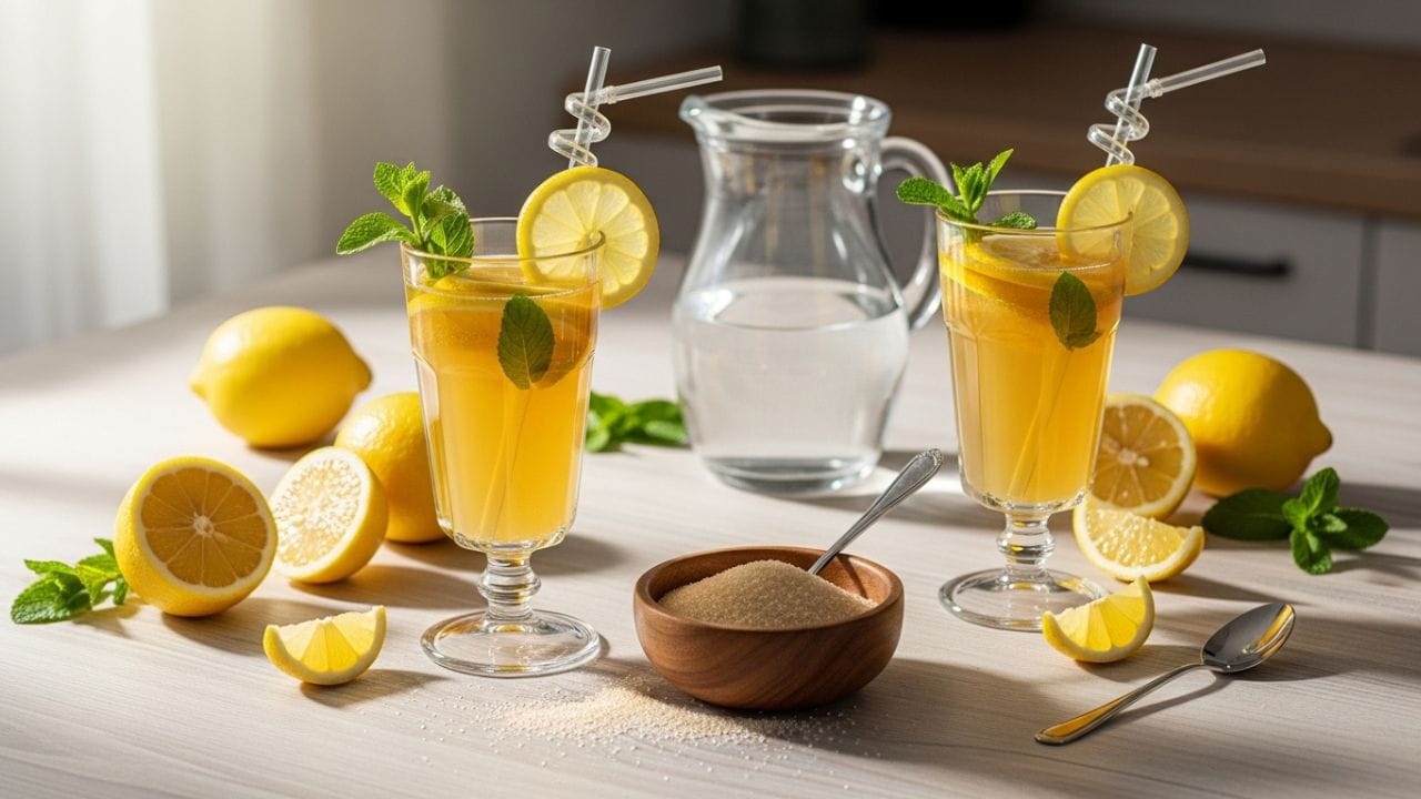 લીંબુ શરબત સરળ છતાં ખૂબ અસરકારક પીણું છે. પાણીમાં લીંબુનો રસ, ખાંડ અને થોડું મીઠું ઉમેરવાથી બનેલું આ ડ્રિંક શરીરને હાઈડ્રેટ રાખે છે અને થાક દૂર કરે છે. વિટામિન Cથી ભરપૂર હોવાથી ઇમ્યુનિટી પણ વધે છે. (Image Credit Source: )