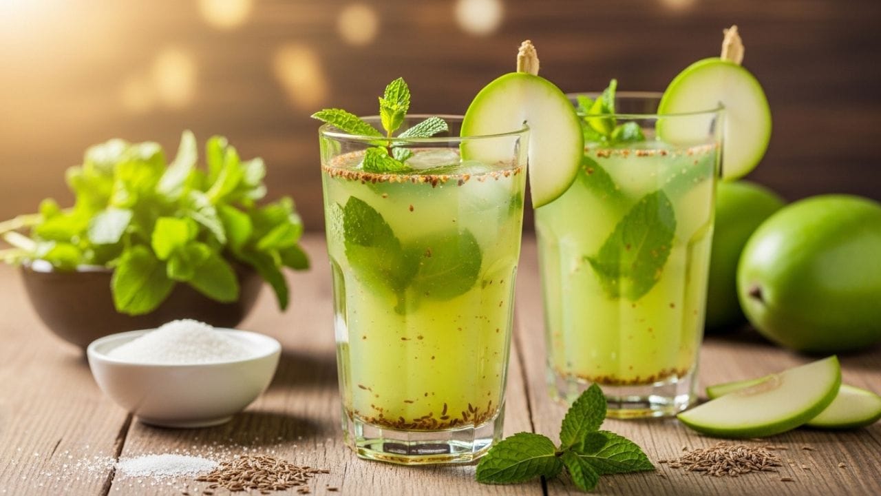 સૌથી પહેલા વાત કરીએ આમ પન્નાની, જે ગરમીમાં સૌથી લોકપ્રિય પીણાંમાંથી એક છે. કાચી કેરીને બાફીને તેમાં ફૂદીનો, કાળી મરી અને કાળું મીઠું (સંચળ) મિક્સ કરીને બનાવવામાં આવે છે. આ પીણું વિટામિન Cથી ભરપૂર હોય છે અને લૂથી બચાવે છે. (Image Credit Source: AI Generated)