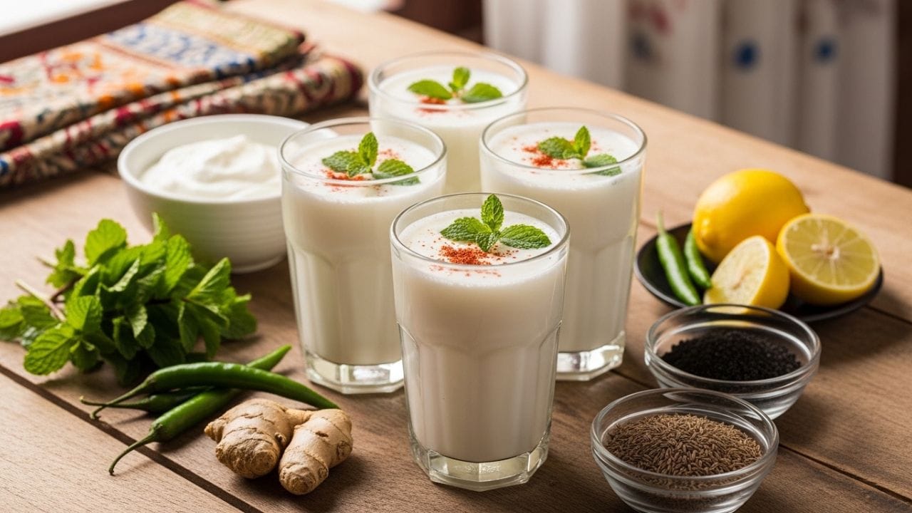 મસાલા છાશ પણ ગરમી માટે શ્રેષ્ઠ વિકલ્પ છે. દહીંમાંથી બનેલી આ ડ્રિંકમાં કાળું મીઠું, જીરું અને ફૂદીનાને ઉમેરવાથી તેનું સ્વાદ અને પોષણ બંને વધે છે. (Image Credit Source: AI Generated)