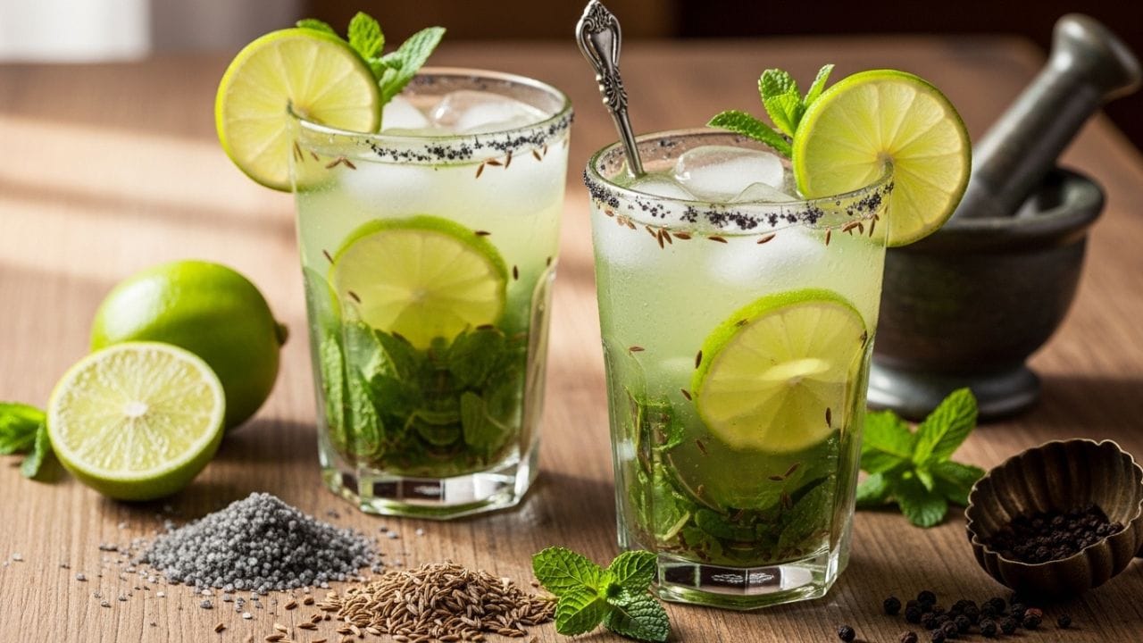 મિન્ટ કૂલેર- તાજા ફૂદીનાના પાન, લીંબુનો રસ, કાળું મીઠું અને ઠંડા પાણીથી બનેલું આ પીણું ગરમીમાં તરત ઠંડક આપે છે. આ ડ્રિંકનો રિફ્રેશિંગ ટેસ્ટ શરીર અને મન બંનેને તાજગી આપે છે. (Image Credit Source: AI Generated)