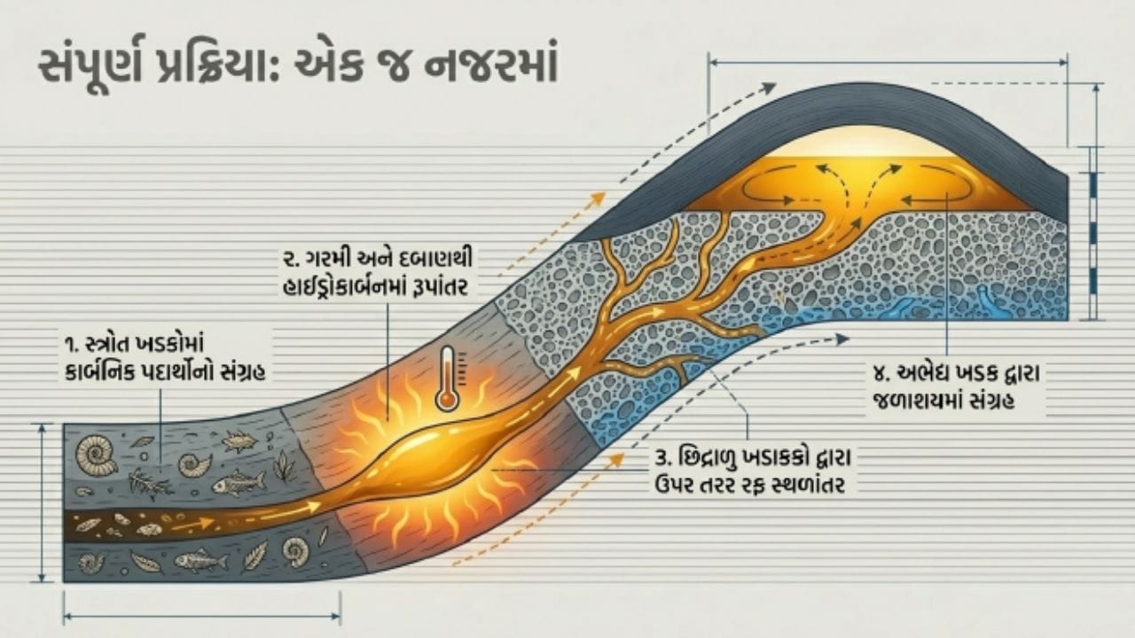 ગરમી અને દબાણની ભૂમિકા: તેલના નિર્માણ માટે તાપમાન અને દબાણની ચોક્કસ કેટેગરીની જરૂર પડે છે. જો તાપમાન ખૂબ ઓછું હોય, તો કાર્બનિક પદાર્થો તેલમાં રૂપાંતરિત થઈ શકતા નથી. જો તે ખૂબ વધારે હોય, તો તે તેલને બદલે કુદરતી ગેસમાં રૂપાંતરિત થઈ શકે છે. આ નાજુક સંતુલન એ મુખ્ય કારણોમાંનું એક છે કે તેલનું નિર્માણ પૃથ્વીની સપાટી નીચે ચોક્કસ વિસ્તારોમાં મર્યાદિત છે.
