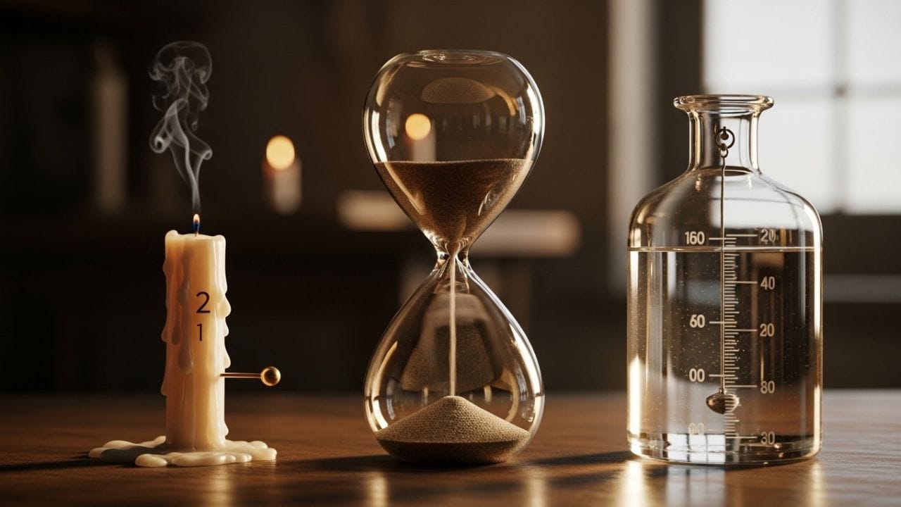 પ્રાચીન સમયમાં લોકો સમય જાણાવવા માટે પાણી અને રેતીના સાધનોનો ઉપયોગ કરતા. પાણી ધીમે ધીમે ખાલી થાય કે રેતી પૂરી થાય ત્યારે અવાજ થતો, જે લોકોને જાગાડતો. મીણબત્તી ઘડિયાળમાં પણ મીણ ઓગળતાં ખીલા પડી અવાજ કરતા. પરંતુ આ રીતો ખૂબ ચોક્કસ નહોતી, તેથી લોકો પોતાના મન અને અંદરની ઘડિયાળ પર વધુ આધાર રાખતા. ( Credits: AI Generated )