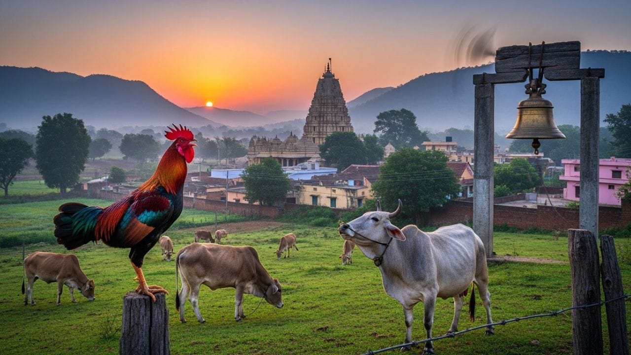 પ્રાચીન સમયમાં ઘરો ધ્વનિરોધક  નહોતા અને લોકો મુખ્યત્વે ખેતી પર નિર્ભર હતા. ઔદ્યોગિક વિકાસ ન હોવાથી આસપાસ કુદરતી અવાજો વધુ સંભળાતા. કૂકડાનો અવાજ, ગાયોના અવાજ અથવા મંદિરની ઘંટડી જેવી ધ્વનિઓ લોકો માટે સવારે જાગવાની સૂચના આપતી અને એ જ તેમની માટે એલાર્મ જેવી ભૂમિકા ભજવતી. ( Credits: AI Generated )