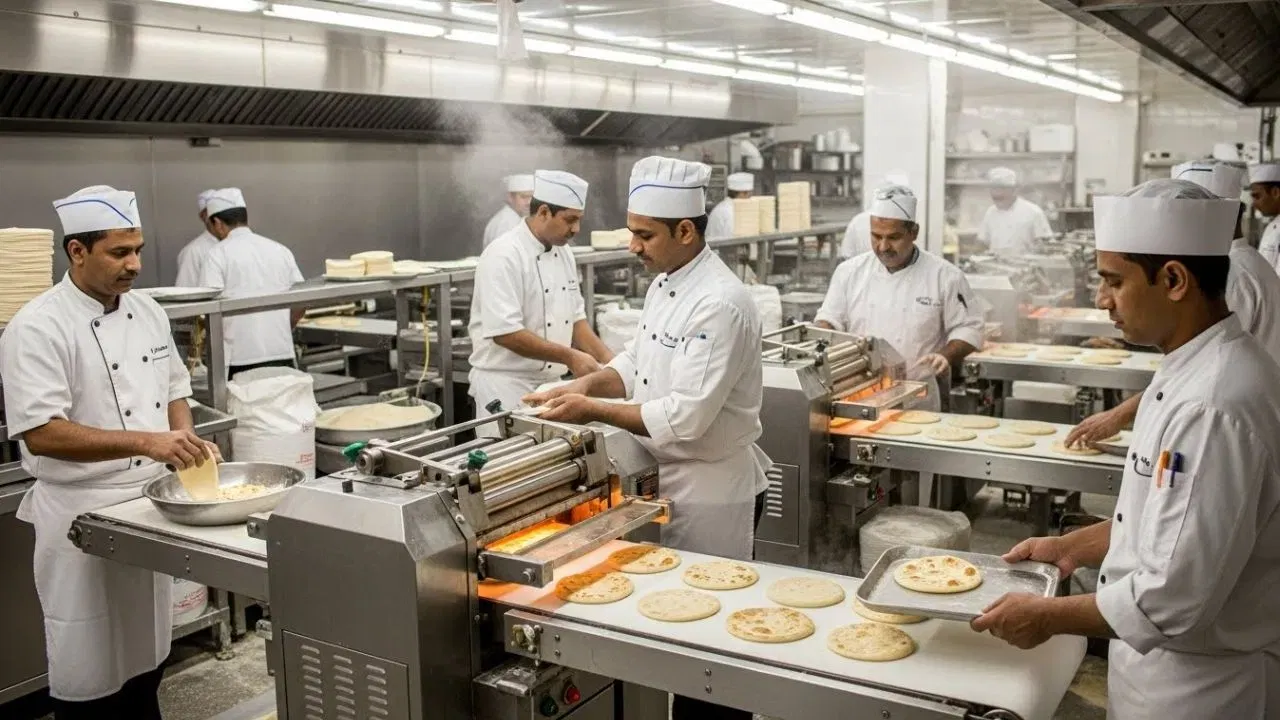 મુકેશ અંબાણીના ઘરમાં રોટલી બનાવવા માટે એક મશીન લગાવવામાં આવ્યું છે. આ મશીન માત્ર થોડી મિનિટોમાં ઘણી રોટલી બનાવી શકે છે. જોકે, રોટલીની ગુણવત્તા અને સ્વાદ જાળવવા માટે, એક અલગ શેફ અને તેમની ટીમ તૈયાર કરવામાં આવે છે. (ફોટો ક્રેડિટ-AI Image)