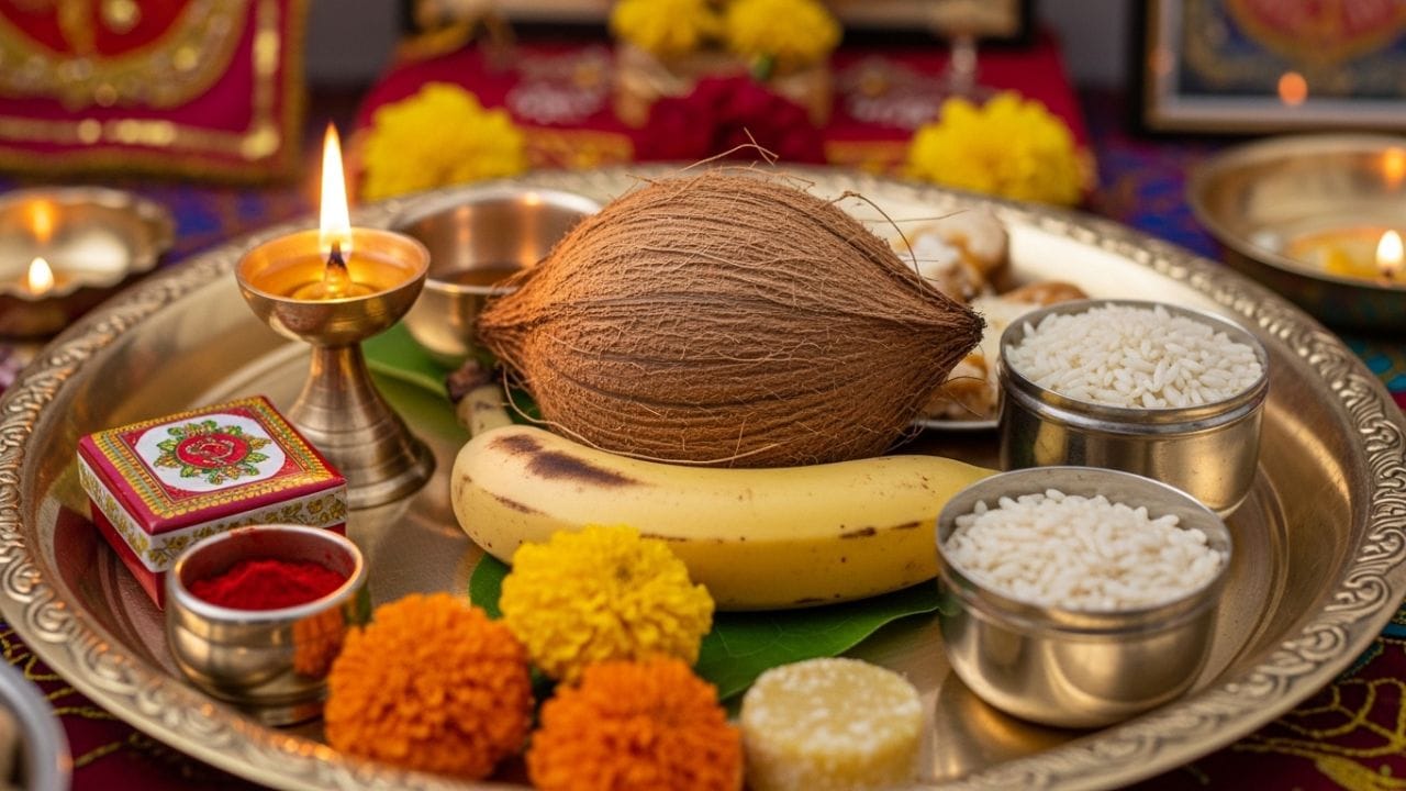 આ બે ફળોનો ઉલ્લેખ સૌથી પ્રાચીન ગ્રંથ ઋગ્વેદમાં પણ કરવામાં આવ્યો છે. બંને ફળોને ભારતનું વતની માનવામાં આવે છે. તેથી પૂજામાં નારિયેળ અને કેળા ચઢાવવાની પરંપરા સદીઓથી પ્રચલિત છે.
