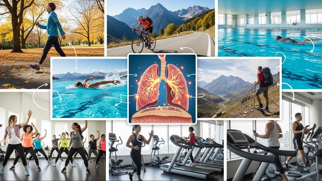 કાર્ડિયો અને એરોબિક કસરતો ફેફસાંની કાર્યક્ષમતા વધારવામાં ખૂબ મદદરૂપ બને છે. તમે ઝડપથી ચાલવું, સાયકલ ચલાવવું, સ્વિમિંગ કે હાઇકિંગ જેવી પ્રવૃત્તિઓ અપનાવી શકો છો. ઝુમ્બા અથવા એરોબિક્સ ક્લાસ અને જીમમાં ટ્રેડમિલ કે ક્રોસ ટ્રેનરનો ઉપયોગ પણ સારો વિકલ્પ છે. ઉપરાંત, પગના સ્નાયુઓ જેટલા મજબૂત હશે, હૃદય તેટલું સારી રીતે કામ કરશે અને સીડી ચડવી પણ સરળ લાગશે. ( Credits: AI Generated )