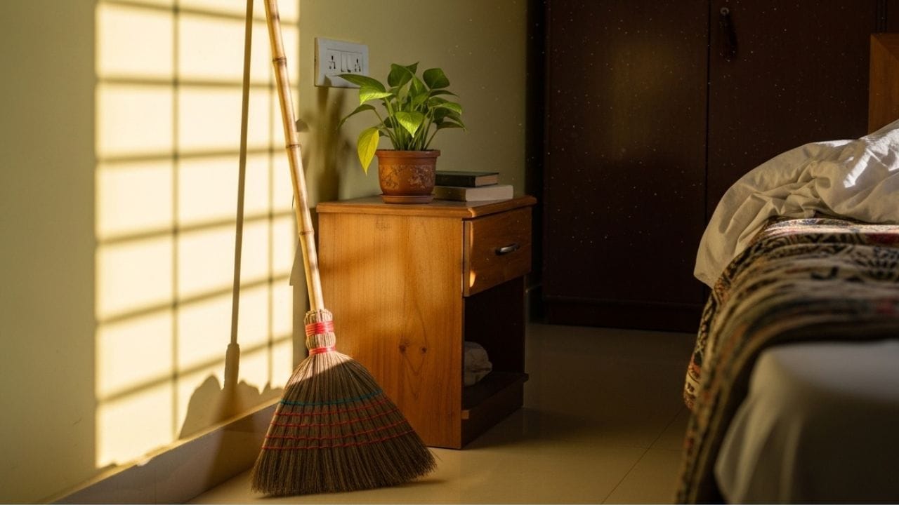 ઘરમાં નકારાત્મકતામાં વધારો: સાવરણી ઘરમાંથી ગંદકી અને અશુદ્ધિઓને સાફ કરવાનું કામ કરે છે. પરિણામે, વાસ્તુ સિદ્ધાંતો અનુસાર, તેને બેડરૂમમાં રાખવું યોગ્ય માનવામાં આવતું નથી. બેડરૂમમાં સાવરણી રાખવાથી નકારાત્મકતા આવે છે. આનાથી વ્યક્તિની ઊંઘ પર પ્રતિકૂળ અસર પડે છે. (ફોટો ક્રેડિટ-AI Whisk)