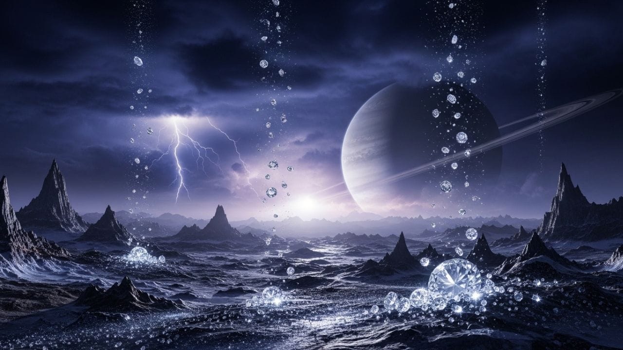 આ અદ્ભુત ઘટના ખૂબ જ કઠિન અને આત્યંતિક પરિસ્થિતિઓને કારણે બને છે, જે પૃથ્વી પર બનાવવી લગભગ અશક્ય છે. નેપ્ચ્યુન અને યુરેનસ જેવા ગ્રહોની અંદર દબાણ પૃથ્વી કરતા લાખો ગણું વધારે હોય છે અને તાપમાન પણ ખૂબ જ ઊંચું હોય છે. ત્યાંના વાતાવરણમાં મિથેન નામનો ગેસ વધુ હોય છે, જે કાર્બન અને હાઇડ્રોજનથી બનેલું હોય છે. આવા ઉચ્ચ દબાણ હેઠળ, મિથેન પરમાણુઓ તૂટી જાય છે, કાર્બનિક પરમાણુઓને હાઇડ્રોજનથી અલગ કરે છે. ( Credits: AI Generated )