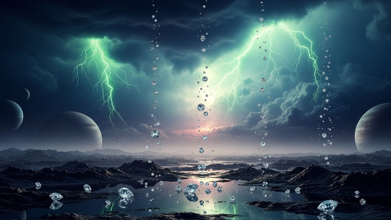 કાર્બન એકવાર હાઇડ્રોજનથી અલગ થઈ જાય પછી તે લાંબા સમય સુધી અલગ રહેતું નથી. ખૂબ વધારે દબાણના કારણે આ કાર્બનના કણો ભેગા થઈને ધીમે ધીમે સ્ફટિક જેવી રચના બનાવે છે, જેને આપણે હીરા કહીએ છીએ. આ પ્રક્રિયા પ્રયોગશાળામાં હીરા બનાવવામાં જે રીત અપનાવવામાં આવે છે તે જેવી જ છે. પછી આ બનેલા હીરા ગ્રહની અંદર તરફ નીચે પડવા લાગે છે, જેના કારણે ત્યાં હીરાનો વરસાદ થતો હોય એવું લાગે છે. ( Credits: AI Generated )