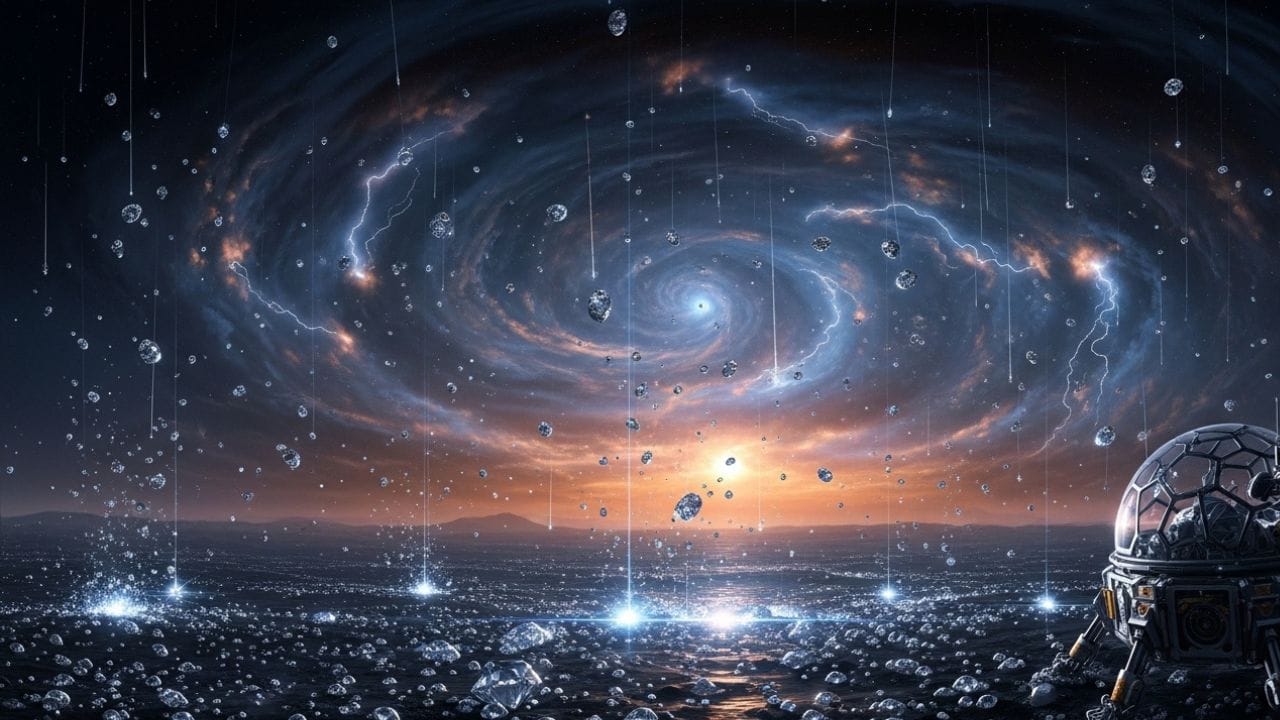 અભ્યાસો દર્શાવે છે કે શનિ અને ગુરુ જેવા મોટા જાયન્ટ્સ ગ્રહો પર પણ આવી પ્રક્રિયા થઈ શકે છે. ત્યાં ભારે વિદ્યુત તોફાનો મિથેન ગેસને બદલાવીને તેને કાર્બનના ગ્રેફાઇટ જેવા સ્વરૂપમાં ફેરવી શકે છે, અને પછી આમાંથી હીરા બનવાની શક્યતા રહે છે. ( Credits: AI Generated )