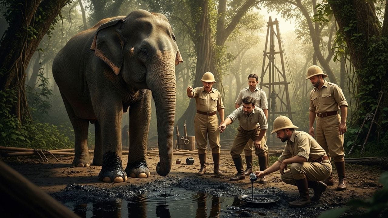 ભારતના દિગ્બોઈમાં તેલ મળવાની કહાની ખૂબ રસપ્રદ છે. કહેવાય છે કે હાથીઓના પગ પર લાગેલા તેલ જેવા ડાઘ જોવા મળ્યા બાદ અંગ્રેજોને અહીં "કાળા સોનાની" હાજરી હોવાની જાણ થઈ હતી. ( Credits: AI Generated )
