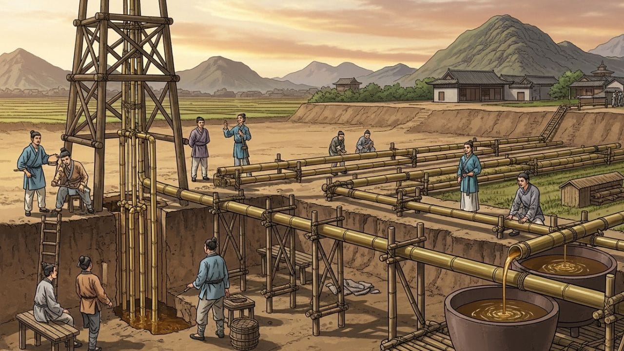 તમને આશ્ચર્ય થશે કે આધુનિક મશીનો આવ્યા પહેલાં જ, આશરે ઈ.સ. 347ના સમયગાળામાં ચીનમાં વાંસના પાઈપો દ્વારા જમીનમાંથી તેલ કાઢવામાં આવતું હતું. ત્યાર પછી લોકો તેનો ઉપયોગ મીઠું બનાવવાની પ્રક્રિયામાં બળતણ તરીકે કરતા હતા. ( Credits: AI Generated )