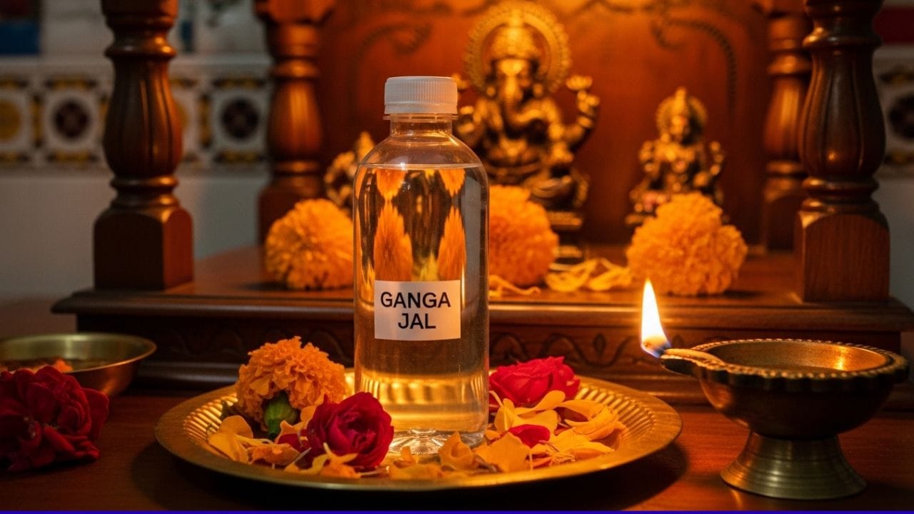 હિન્દુ માન્યતા અનુસાર, માતા ગંગાનું અમૃત જેવું પાણી - જે ભગવાન વિષ્ણુના ચરણમાંથી ઉદ્ભવ્યું અને ભગવાન શિવના જટાઓ દ્વારા પૃથ્વી પર વહેતું હોવાનું કહેવાય છે  જેને હંમેશા ઘરની અંદર એક પવિત્ર સ્થાનમાં રાખવું જરુરી છે. (ફોટો ક્રેડટ- Whisk AI)