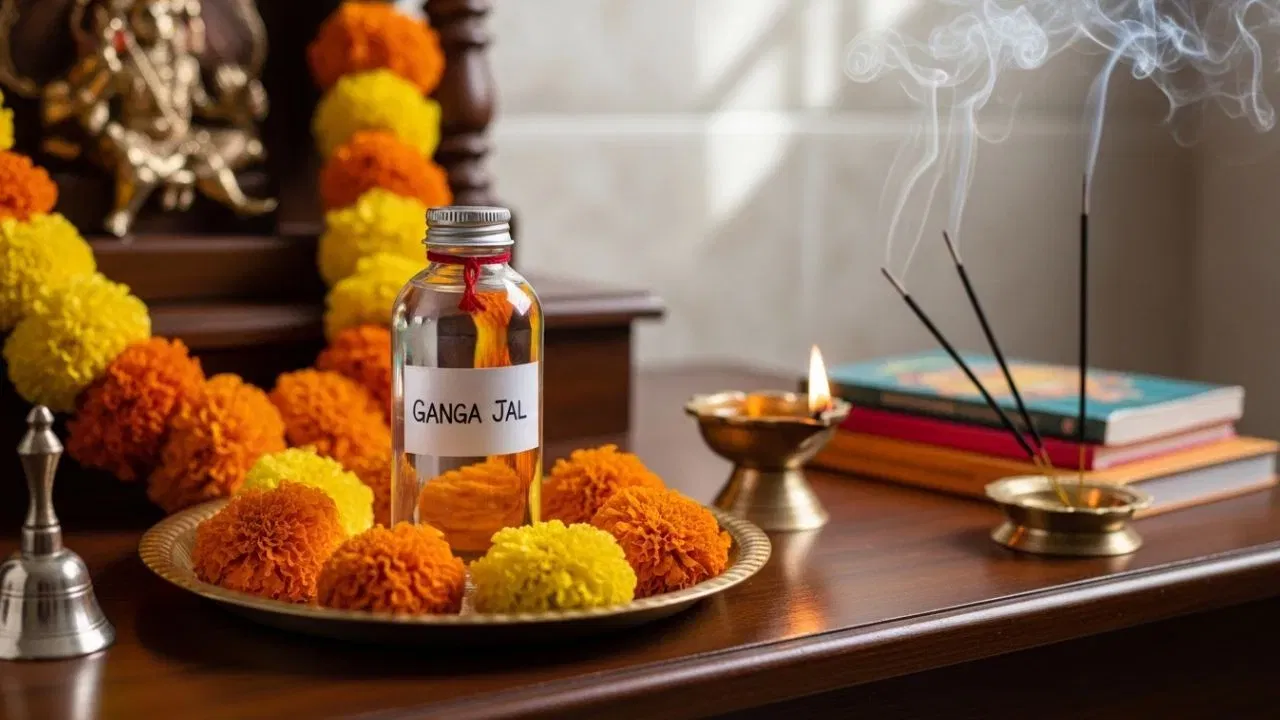 ગંગાજળ ક્યાં રાખવું: ઘરમાં ગંગાજળનો સંગ્રહ કરતી વખતે દિશાનું ખાસ ધ્યાન રાખવું જોઈએ. તેને હંમેશા ઈશાન ખૂણામાં(ઉત્તર-પૂર્વ ખૂણા) રાખવું શુભ માનવામાં આવે છે. ગંગાજળને પૂજા સ્થળ (પૂજા સ્થળ) પર પણ રાખી શકાય છે.(ફોટો ક્રેડિટ-Whisk AI)