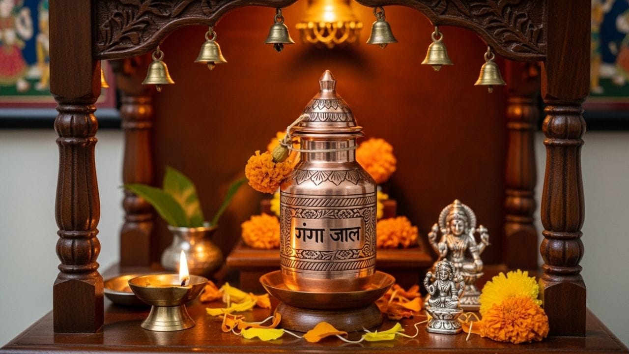 ગંગાજળ ઘરની અંદર ગમે ત્યાં પણ ન મૂકવું જોઈએ. હિન્દુ પરંપરા અનુસાર, ગંગાજળ દૈવી પાણી છે; તેથી, તેને ઘરના ઉત્તર-પૂર્વ ખૂણામાં એટલે કે ઈશાન ખૂણામાં સંગ્રહિત કરવું સૌથી યોગ્ય છે. જો તેને આ ચોક્કસ દિશામાં મૂકવું શક્ય ન હોય, તો વ્યક્તિ પૂર્વ અથવા ઉત્તર દિશા પસંદ કરી શકે છે. (ફોટો ક્રેડટ- Whisk AI)
