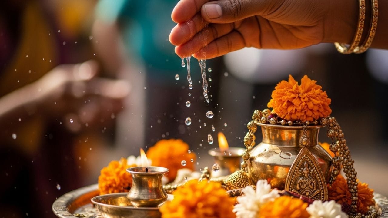 ઘરેલુ ઝઘડાથી છૂટકારો આપે: પૂજા કર્યા પછી ઘરમાં ગંગાજળ છાંટવાથી કૌટુંબિક ઝઘડા ઓછા થાય છે અને પરિવારના સભ્યોમાં પરસ્પર પ્રેમ વધે છે. આ સાથે ઘરની શાંતિ પણ જળવાઈ રહે છે. (ફોટો ક્રેડિટ-Whisk AI)