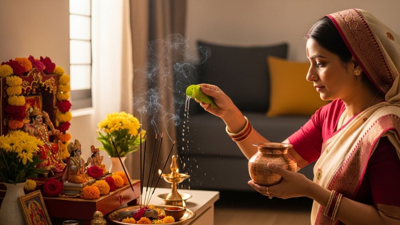 પરિવારમાં સુખ અને સમૃદ્ધિ વધે: ઘરમાં નિયમિતપણે ગંગાજળ છાંટવાથી પરિવારમાં સુખ અને સમૃદ્ધિ આવે છે. વધુમાં, તે વિવિધ પ્રકારની સમસ્યાઓ અને મુશ્કેલીઓને ઉકેલવામાં મદદ કરે છે.(ફોટો ક્રેડિટ-Whisk AI)