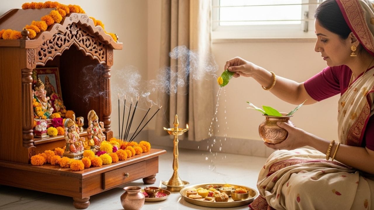 નકારાત્મક ઉર્જાથી મુક્તિ: જો ઘરમાં નકારાત્મક ઉર્જા હોય, તો તેને દૂર કરવા માટે ગંગાજળ છાંટવું જોઈએ. આ પ્રથા આખા ઘરમાં સકારાત્મક ઉર્જાના પરિભ્રમણને સરળ બનાવે છે.(ફોટો ક્રેડિટ-Whisk AI)