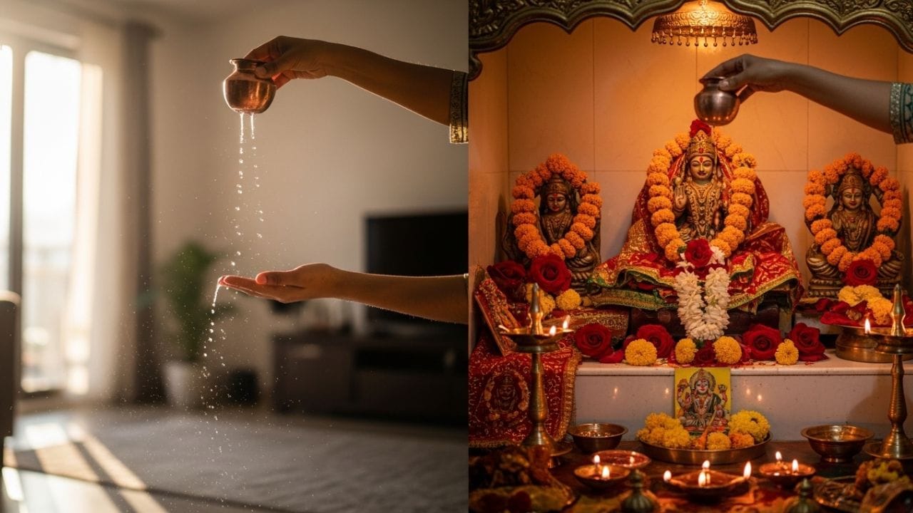 ઘરનું શુદ્ધિકરણ થાય: ગંગાજળ (ગંગા નદીનું પાણી) અત્યંત પવિત્ર માનવામાં આવે છે; તે ઘરના વાતાવરણને શુદ્ધ કરે છે અને આધ્યાત્મિક ઉર્જા વધારે છે. તેમજ ઘરનું શુદ્ધિકરણ થાય છે. (ફોટો ક્રેડિટ-Whisk AI)