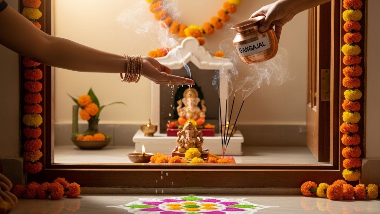 ધાર્મિક વિધિઓથી લઈને નકારાત્મક ઉર્જા દૂર કરવા સુધી, ગંગાજળ દરેર ઘરની અંદર જોવા મળે છે. ઘણા લોકો રોજ પૂજા દરમિયાન ઘરમાં અને મંદિરમાં ગંગાજળનો છંટકાવ કરે છે ત્યારે આમ કરવાથી શું ફાયદા થાય છે ચાલો જાણીએ. (ફોટો ક્રેડિટ-Whisk AI)