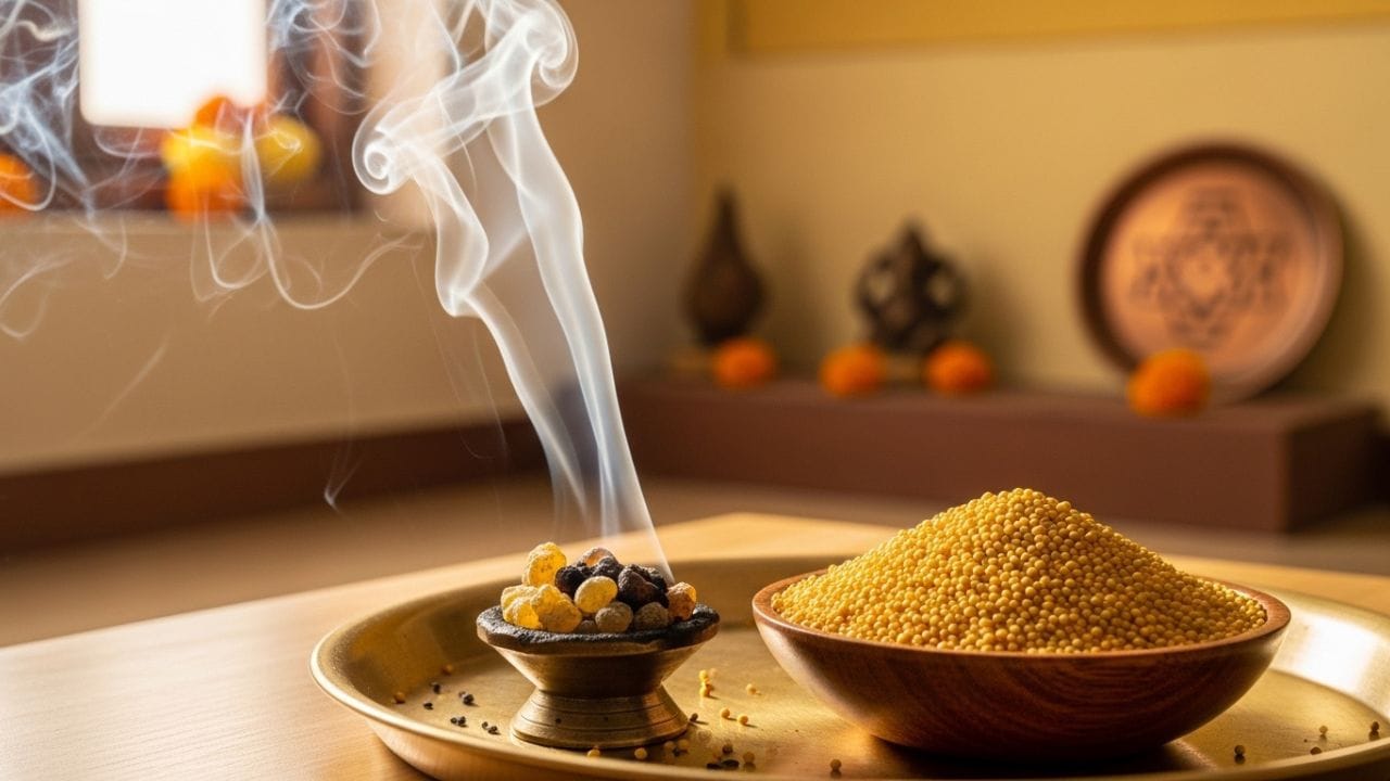 વાસ્તુ મુજબ ગૂગળ અને પીળી સરસવને ખાસ મહત્વ આપવામાં આવે છે. ગૂગળ એક કુદરતી રાળ છે, જેના ધુમાડાથી વાતાવરણ શુદ્ધ થાય છે અને મનને શાંતિ મળે છે. બીજી તરફ, પીળી સરસવ નકારાત્મક ઉર્જાને દૂર કરવામાં મદદરૂપ માનવામાં આવે છે. જ્યારે આ બંનેને સળગાવીને તેનો ધુમાડો ઘરમાં ફેલાવવામાં આવે છે, ત્યારે તે ઘરના વાતાવરણને શુદ્ધ બનાવી સકારાત્મક ઉર્જા વધારવામાં મદદ કરે છે. ( Credits: AI Generated )