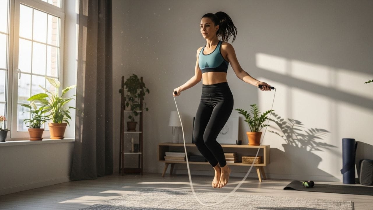 ઘરે કરી શકાય તેવી એક સરળ અને અસરકારક કસરત દોરડા કૂદવાનું છે. આ એક કાર્ડિયો વર્કઆઉટ છે, જે પગ, જાંઘ, ખભા અને કોરને મજબૂત બનાવે છે અને ઝડપ પણ વધારે છે. દોડવાની જેમ ફાયદો આપે છે, પરંતુ સાંધા પર ઓછો ભાર પડે છે. જો દોરડું ન હોય, તો પણ તમે હાથ ફેરવીને અને હળવો કૂદકો મારીને આ કરી શકો છો. 1 મિનિટ કૂદકો, પછી 30 સેકન્ડ આરામ લો અને ધીમે ધીમે સમય વધારીને 5 મિનિટ સુધી કરો. ( Credits: AI Generated )