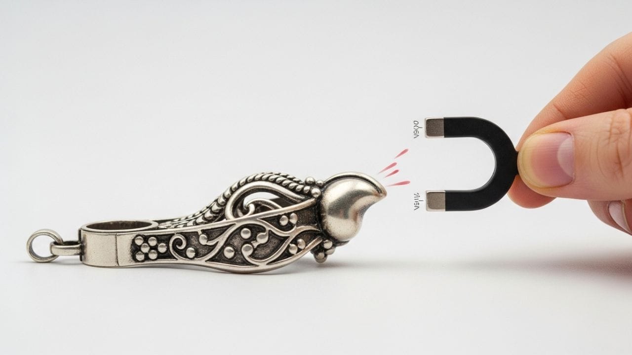 અસલી ચાંદી પર ચુંબકની કોઈ અસર થતી નથી, એટલે કે તે ચુંબક સાથે ચોંટતી નથી. જ્યારે નકલી ચાંદીમાં ચુંબક ઝડપથી ચોંટી શકે છે. તેથી ચાંદી ખરીદતી વખતે તમે નાનું ચુંબક સાથે રાખો તો તે મદદરૂપ થઈ શકે છે. તપાસ કરવા માટે ચુંબકને ધીમે ધીમે ચાંદીની નજીક લાવો જો ચાંદી ખેંચાય કે ચોંટી જાય, તો સમજવું કે તે નકલી હોઈ શકે છે. ( Credits: AI Generated )