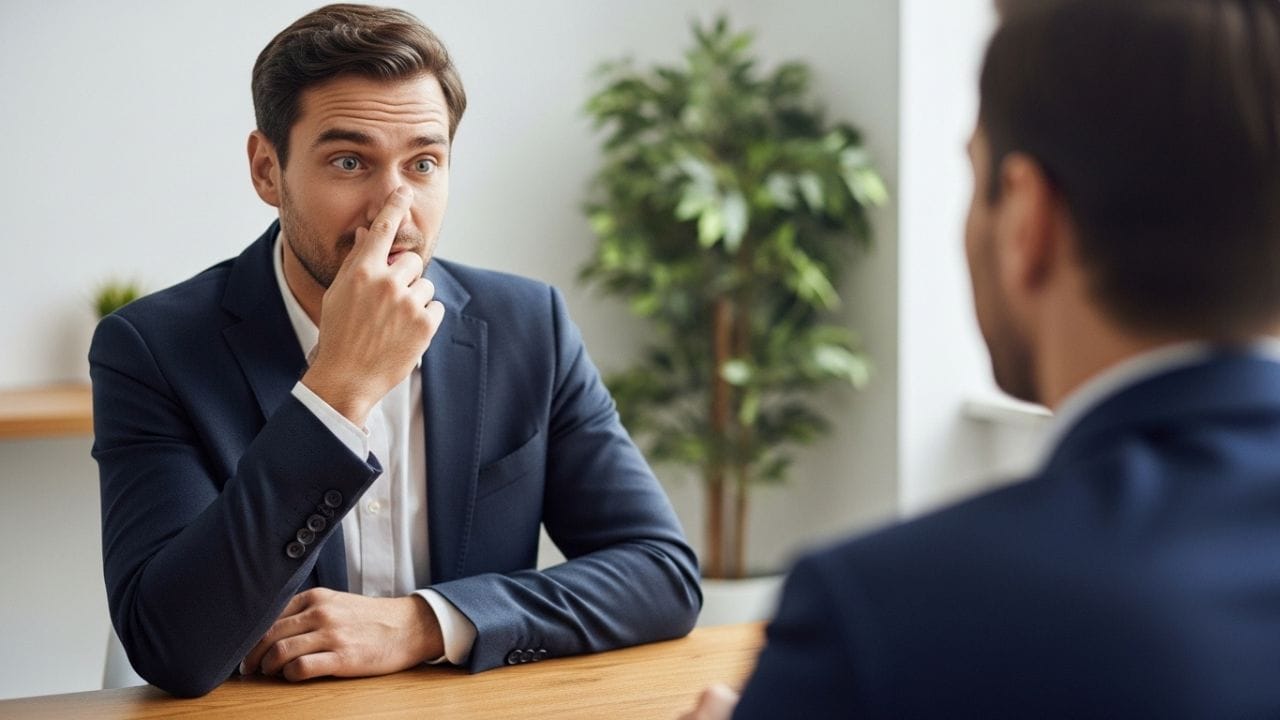 એવું પણ માનવામાં આવે છે કે જ્યારે કેટલાક લોકો જૂઠું બોલે છે, ત્યારે તેઓ નાકને સ્પર્શ કરે છે અથવા ખંજવાળે છે અને આંખો વધારે વાર ઝબકાવે છે. તેમની બોડી લેંગ્વેજમાં ફેરફાર આવી જાય છે અને તેઓ સ્વાભાવિક દેખાવાની કોશિશ કરે છે, પરંતુ તેમની હરકતો થોડી બનાવટી લાગતી હોય છે. ( Credits: AI Generated )