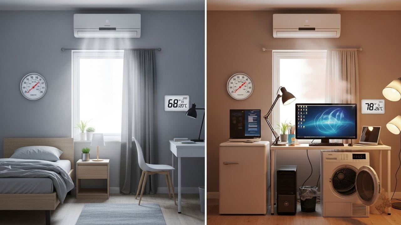 AC ચાલતા રૂમમાં એવી વસ્તુઓ ન રાખવી જોઈએ જે વધુ ગરમી પેદા કરે, કારણ કે તેનાથી એસી પર વધુ દબાણ પડે છે અને તે વધુ વીજળી વાપરે છે. ( Credits: AI Generated )