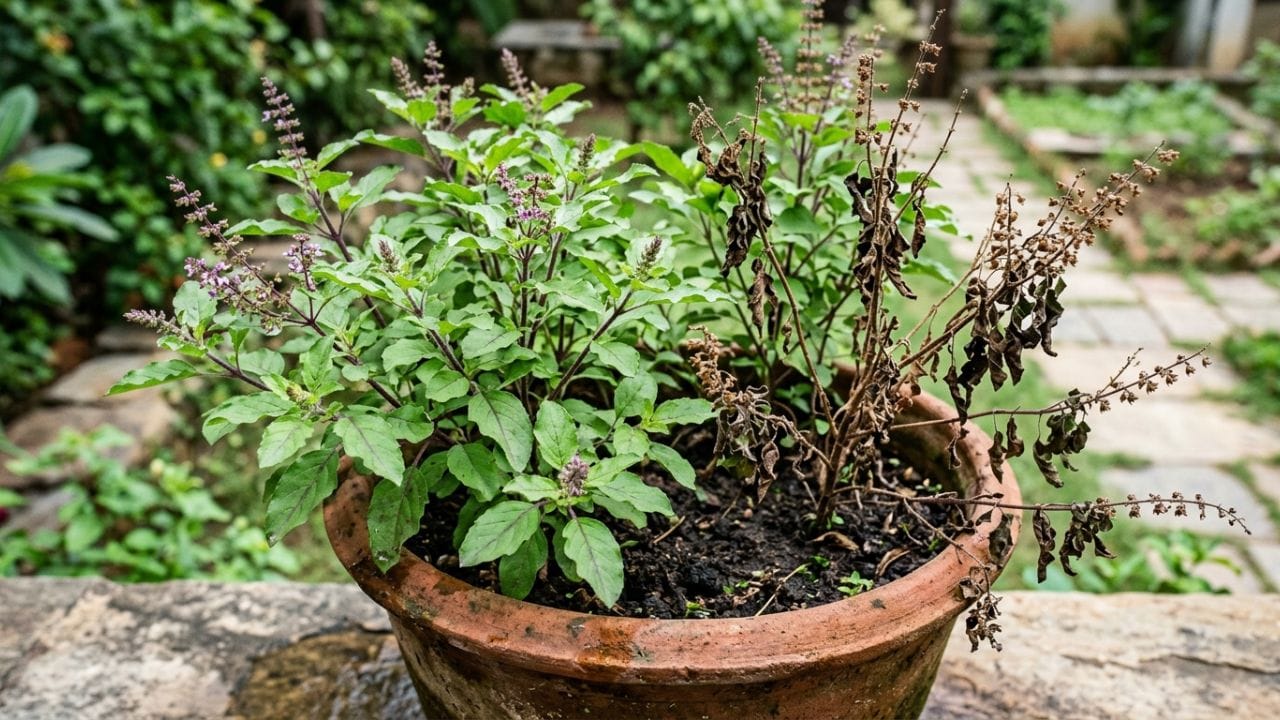 તુલસીમાં જીવાત લાગવાનું સૌથી મોટું કારણ વાતાવરણમાં ભેજ, વધુ પડતું પાણી આપવું, હવાની યોગ્ય અવરજવર ન હોવી અથવા છોડને ઓછો તડકો મળવો તે છે. સામાન્ય રીતે એફિડ્સ (લીલી જીવાત), માઈટ્સ, વ્હાઈટ ફ્લાય અને નાના કાળા જીવડાં 'તુલસી'ને નુકસાન પહોંચાડે છે. આ પાંદડાનો રસ ચૂસી લે છે, જેનાથી પાંદડા પીળા પડવા લાગે છે અને ધીમે-ધીમે ખરી જાય છે.