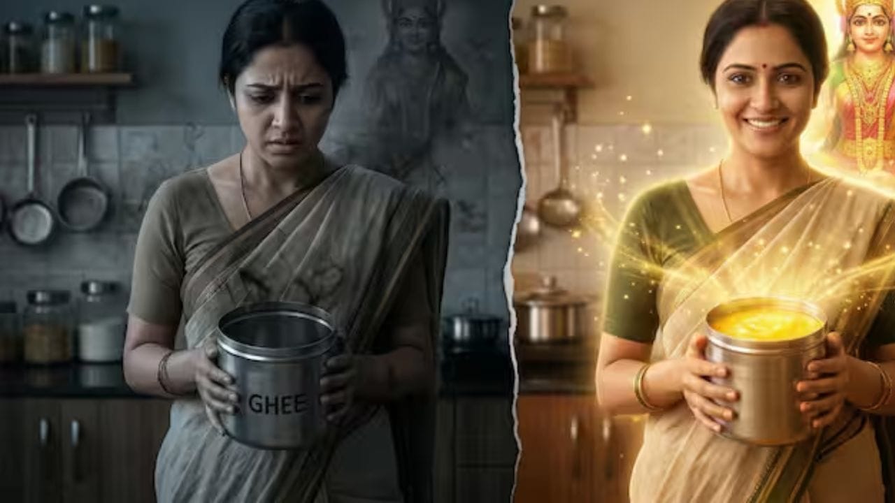 રસોઈ તેલ અથવા ઘીની અછત સમૃદ્ધિમાં ઘટાડો દર્શાવે છે. ઘીને દેવી લક્ષ્મીનો અવતાર માનવામાં આવે છે. જો તે સંપૂર્ણપણે ખતમ થઈ જાય તો તે ઘરમાં ગરીબી લાવી શકે છે. તેલ અથવા ઘીના વાસણને સંપૂર્ણપણે ખાલી થાય તે પહેલાં તેને ફરીથી ભરવાની સલાહ આપવામાં આવે છે.
