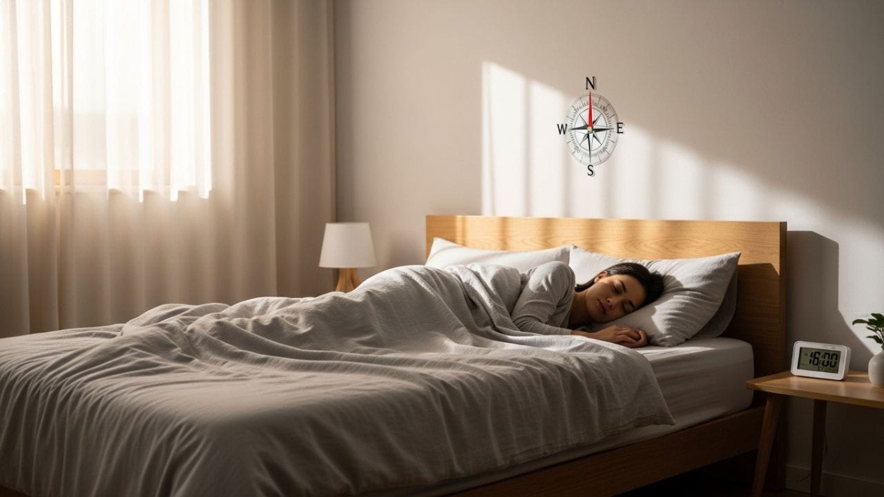 વાસ્તુના પ્રાચીન ગ્રંથોમાં કહેવામાં આવે છે કે સૂતી વખતે માથું દક્ષિણ દિશામાં રાખવું વધુ સારું માનવામાં આવે છે. તેનું કારણ એવું સમજાવવામાં આવે છે કે પૃથ્વીનો ચુંબકીય પ્રવાહ ઉત્તરથી દક્ષિણ તરફ જાય છે. જો આપણે દક્ષિણ તરફ માથું રાખીને સૂઈએ, તો આપણા શરીરની ઊર્જા પૃથ્વી સાથે સુમેળમાં રહે છે. આથી ઊંઘ વધુ સારી આવે છે, મન શાંત રહે છે અને તેને આરોગ્ય તથા સમૃદ્ધિ માટે પણ શુભ માનવામાં આવે છે. ( Credits: AI Generated )