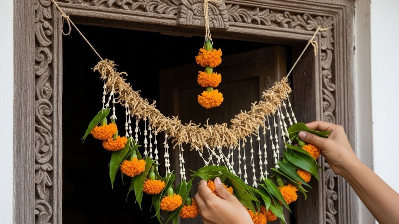 હિંદુ પરંપરામાં મંદિરના દરવાજા પર તોરણ લગાવવાનું ખાસ મહત્વ માનવામાં આવે છે. તે સામાન્ય રીતે દરેક શુભ પ્રસંગે ઉપયોગમાં લેવાય છે અને ઘરમાં સકારાત્મક ઊર્જા વધારવામાં મદદરૂપ થાય છે. ખાસ કરીને કેરી અને આસોપાલવના પાંદડાથી બનેલા તોરણ વધુ પ્રચલિત છે. પરંતુ થોડા સમય પછી આ પાંદડા સુકાઈ જાય છે. જ્યોતિષ અને વાસ્તુ અનુસાર, આવા સુકાયેલા પાંદડા દરવાજા પર રાખવાથી ઘરની સમૃદ્ધિ પર નકારાત્મક અસર પડી શકે છે અને નકારાત્મક ઊર્જા વધે છે. તેથી, આ વિષયમાં કયા વાસ્તુ નિયમો અને ઉપાયો અપનાવવા જોઈએ તે જાણવું જરૂરી બને છે. ( Credits: AI Generated )