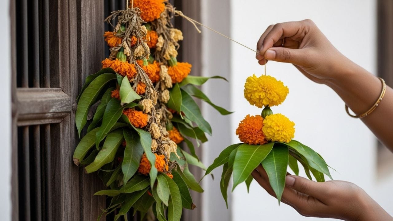 તોરણને દર અઠવાડિયે અથવા પખવાડિયે બદલવું સારું માનવામાં આવે છે. જો તાજા પાંદડા ન મળે, તો તાંબા અથવા પિત્તળના તોરણનો ઉપયોગ કરી શકાય, જે લાંબા સમય સુધી ટકાઉ રહે છે અને ખરાબ પણ થતું નથી. ધ્યાન રાખો કે ફક્ત મંદિરમાં જ નહીં, પરંતુ ઘરના મુખ્ય દરવાજા પાસે પણ સૂકા પાંદડા ન રહેવા જોઈએ. માન્યતા મુજબ, આવું કરવાથી દેવી લક્ષ્મીના આગમનમાં અડચણ આવી શકે છે. ( Credits: AI Generated )