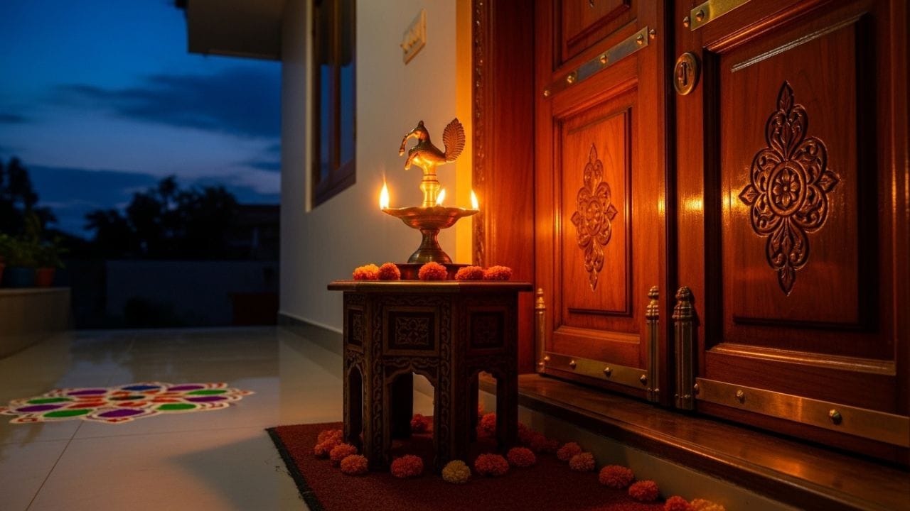 સાંજ થતાં જ ઘરના મુખ્ય દરવાજા પાસે પ્રકાશ રાખવો શુભ માનવામાં આવે છે. અંધારું નકારાત્મક અસર લાવી શકે છે. તેથી દરવાજા પાસે દીવો કે લાઇટ ચાલુ રાખવાથી સકારાત્મક વાતાવરણ બને છે અને ઘરમાં સુખ-સમૃદ્ધિ વધે છે, જે કામકાજ અને કારકિર્દીમાં પણ લાભદાયક બને છે. ( Credits: AI Generated )