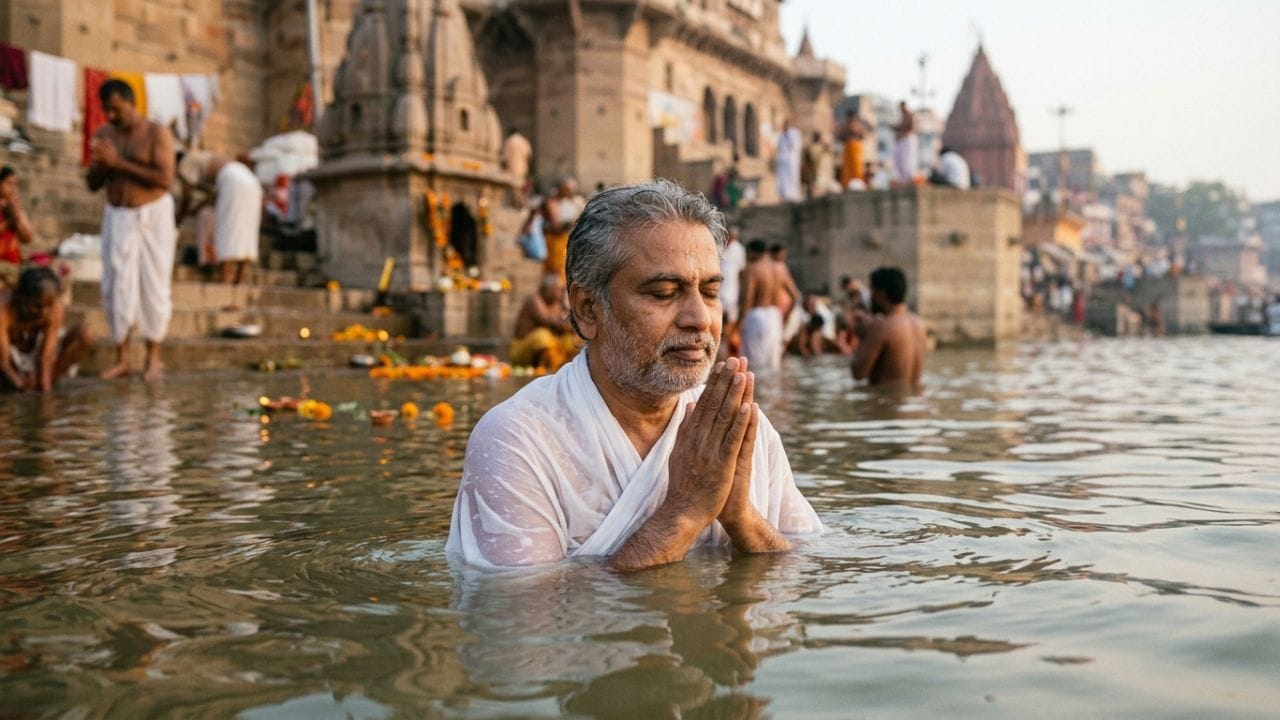 વૈજ્ઞાનિક દ્રષ્ટિએ સ્નાન શરીર શુદ્ધિકરણ માટે જરૂરી છે, પરંતુ હિંદુ માન્યતાઓ અનુસાર તે મન અને આત્માની શુદ્ધિ માટે પણ મહત્વપૂર્ણ છે. એવું માનવામાં આવે છે કે સ્નાન કર્યા વગર પૂજા કે શુભ કાર્ય પૂર્ણ ફળ આપતું નથી, તેથી સ્નાનના નિયમો અને યોગ્ય રીત જાણવી જરૂરી છે. ( Credits: AI Generated )