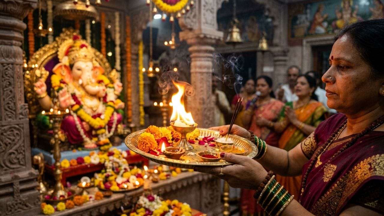 પૂજાના અંતે, ભગવાનના આશીર્વાદ મેળવવા માટે આ દિવ્ય જ્યોત આંખો પર લગાવવામાં આવે છે. પરંપરાગત રીતે, બે પ્રકારની આરતી છે: એક આરતી અને પંચ આરતી, જેમાં પંચ આરતી પાંચ તત્વોનું પ્રતીક છે.
