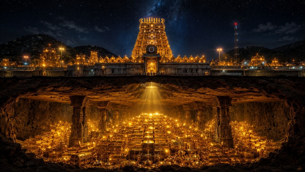 ભારતના એ પાંચ મંદિરો જ્યાં સોનાનો પહાડ છે: પદ્મનાભ સ્વામી મંદિર (કેરળ): અંદાજે 1300 ટન સોનું!, તિરૂપતિ બાલાજી (આંધ્રપ્રદેશ): લગભગ 11,329 કિલો સોનું!, શિરડી સાંઈ મંદિર: 380 કિલોગ્રામ શુદ્ધ સોનું!, મીનાક્ષી મંદિર (મદુરાઈ): અંદાજે 300 કિલો સોનું!, જગન્નાથ મંદિર (ઓડિશા): 150 કિલો સોનાનો ખજાનો!