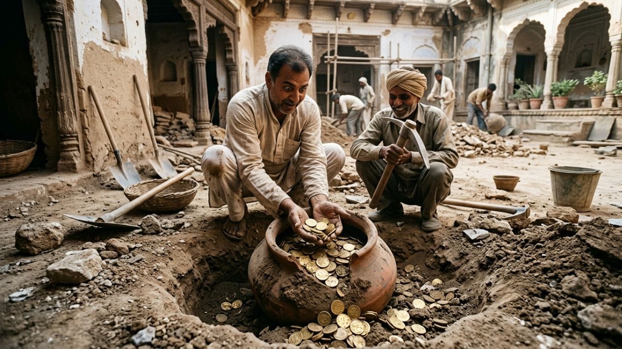 પછીના સમયમાં “Indian Treasure Trove Act” નામનો કાયદો બનાવવામાં આવ્યો. આ કાયદા મુજબ, જો જમીન નીચે દટાયેલો સોનાથી ભરેલો ખજાનો કે કોઈ કિંમતી ધાતુ મળી આવે, તો તેના પર અંતિમ હક સરકારનો ગણાય છે. ( Credits: AI Generated )