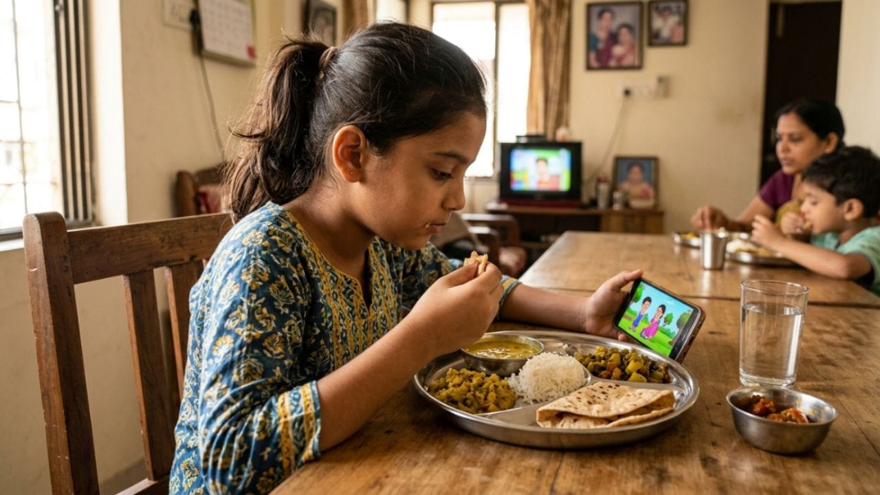 આજે સ્થિતિ એવી વિકટ બની ગઈ છે કે સામે મોબાઈલ કે ટીવી ચાલુ ન હોય તો ગળા નીચે કોળિયો ઉતરતો નથી. ખાસ કરીને બાળકોમાં આ જીદ એટલી હદે વધી ગઈ છે કે તેમને ખબર જ નથી હોતી કે તેઓ કયું શાક, દાળ કે રોટલી ખાઈ રહ્યા છે. ખોરાકનો અસલી સ્વાદ, સુગંધ અને રંગ માણ્યા વિના માત્ર યાંત્રિક રીતે મોં ચલાવવાની આ આદત એક ગંભીર નશો બની ગઈ છે.