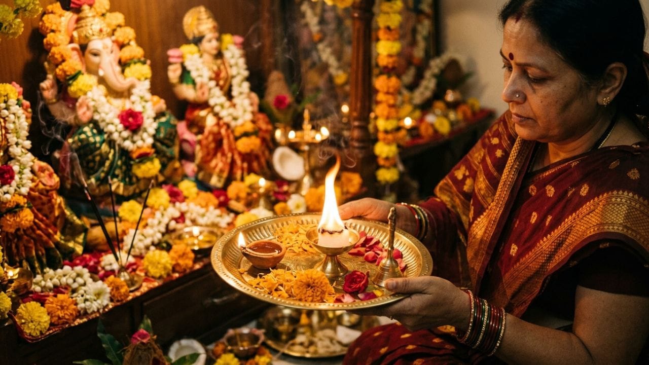 આરતી (આરતી) પ્રગટાવવાની વિધિના પોતાના ચોક્કસ શાસ્ત્રો પણ છે. સામાન્ય રીતે, કપૂરને સ્વચ્છ વાસણમાં પ્રગટાવવામાં આવે છે અને મૂર્તિના પગ, નાભિ અને ચહેરા પાસે લાવવામાં આવે છે, જેનાથી આખી મૂર્તિ પ્રકાશ પથરાઈ જાય. જો જરૂર પડે તો વચ્ચે જ્યોત ઓલવાઈ ન જાય તે માટે વધારાનું કપૂર તૈયાર રાખવાનો રિવાજ છે. 
