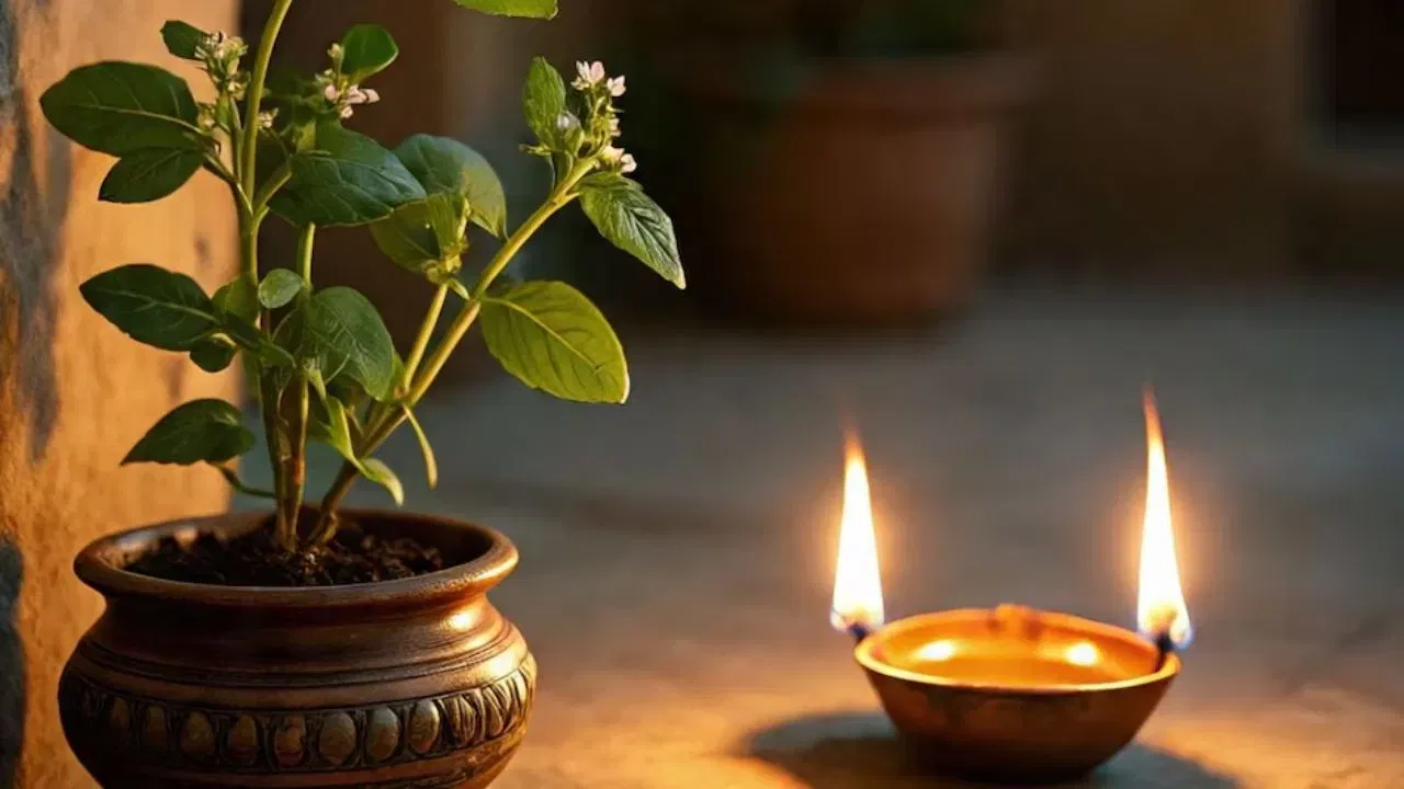 હિંદુ ધર્મમાં તુલસીના છોડનું ખૂબ પવિત્ર માનવામાં આવે છે, અને એવું વ્યાપકપણે માનવામાં આવે છે કે દેવી લક્ષ્મી તેની અંદર રહે છે. જો તમે નિયમિતપણે અને યોગ્ય વિધિઓ સાથે તેની નજીક દીવો પ્રગટાવવા સહિત તુલસીના છોડની પૂજા કરો છો, તો તમારું ઘર હંમેશા સુખ અને સમૃદ્ધિથી ભરેલું રહેશે. વધુમાં, જ્યોતિષીય માન્યતાઓ અનુસાર, તુલસીના છોડની યોગ્ય રીતે અને સ્થાપિત નિયમો અનુસાર પૂજા કરવામાં નિષ્ફળતા નકારાત્મક પરિણામો તરફ દોરી શકે છે. તુલસીનો છોડ તેની નજીકના વાતાવરણમાં સકારાત્મક ઉર્જા પણ ફેલાવે છે. શાસ્ત્રોમાં જણાવાયું છે કે જે ભક્તો નિયમિત અને યોગ્ય સમયે તુલસીની પૂજા કરે છે તેમના ઘરોમાં દેવી લક્ષ્મીની હાજરીનો આશીર્વાદ કાયમ રહે છે. તુલસીની પૂજા કરવાનો યોગ્ય સમય કયો છે, અને ક્યારે દીવો પ્રગટાવવો જોઈએ? ચાલો જાણીએ.(ફોટો ક્રેડિટ-Google)
